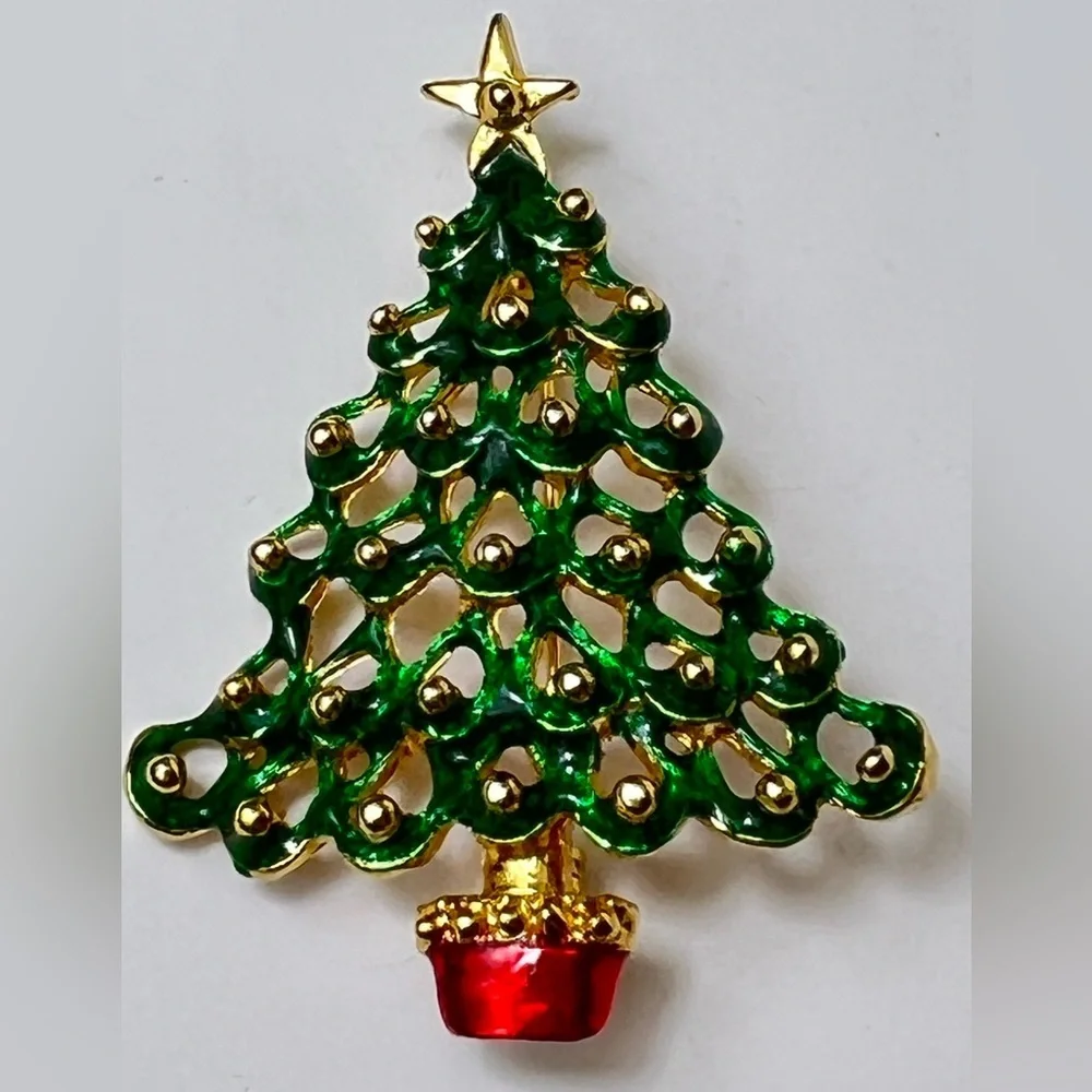 COLORFUL CHRISTMAS TREE BROOCH PIN GOLD